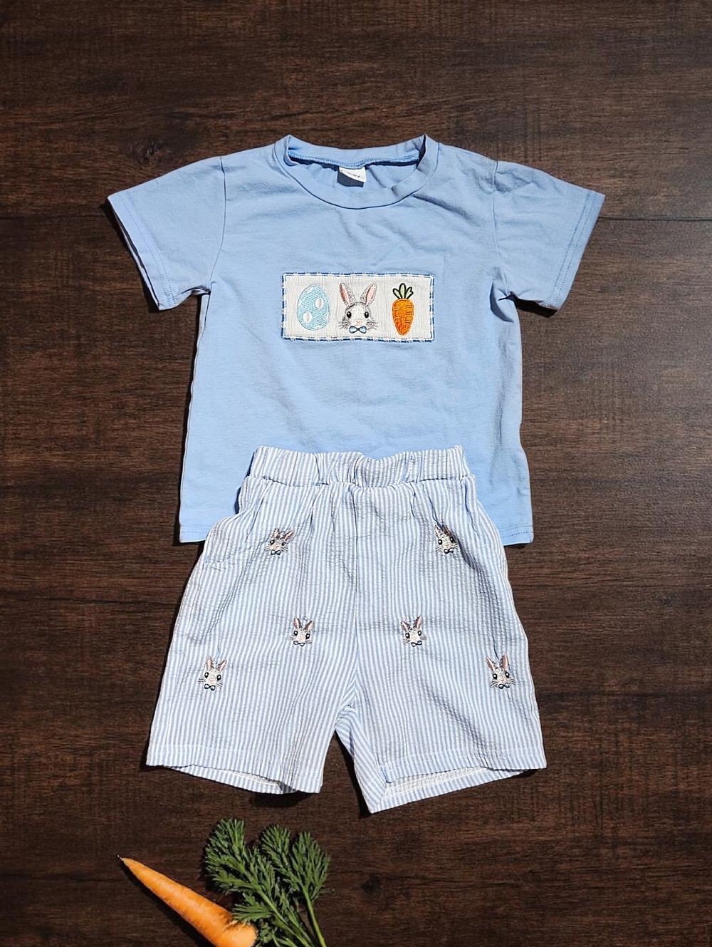 Toddler Boys Blue Seersucker Embroidered Bunny Shorts Applique Tee Easter Outfit
